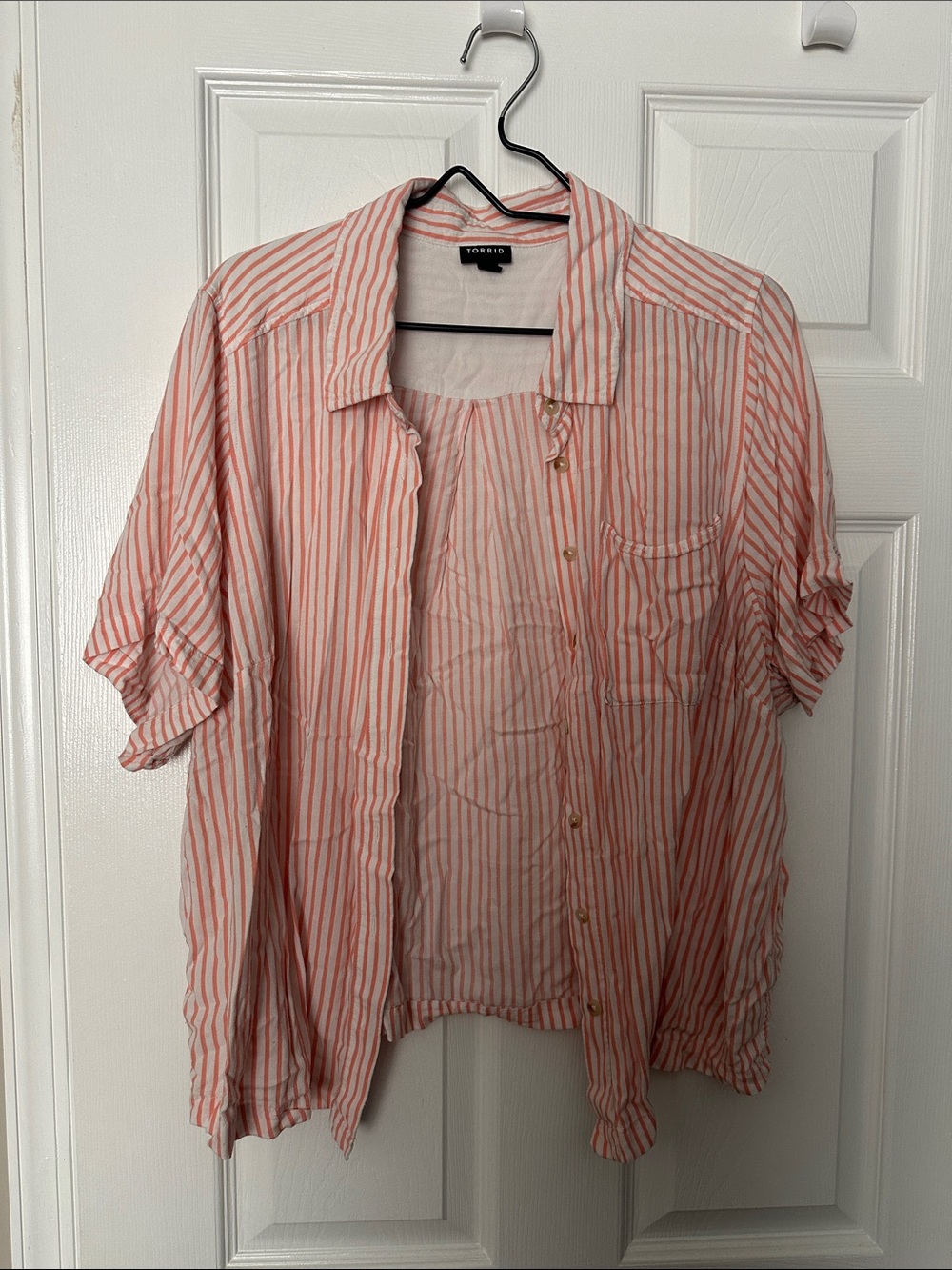 torrid Pink and White Striped Short Sleeve Button-Down Shirt